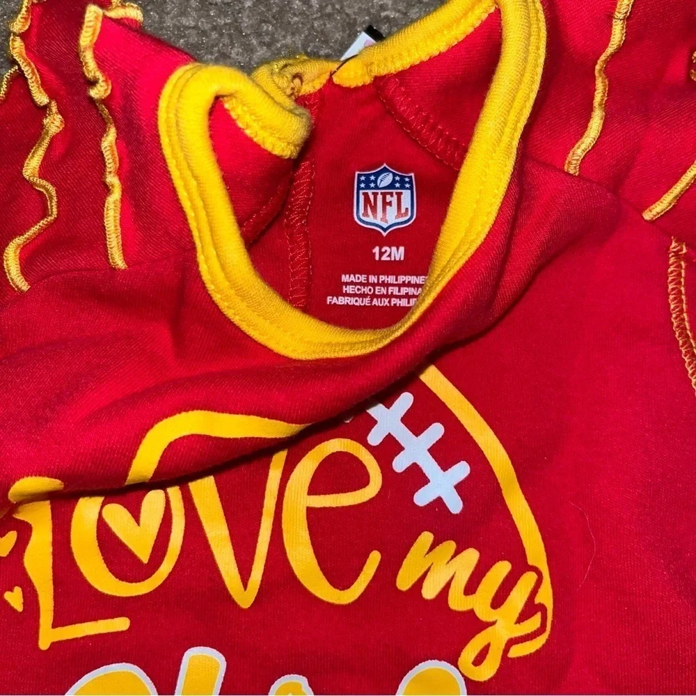 NFL Kansas City Live My Cheifs red onesie & yellow trim with ruffle sleeves